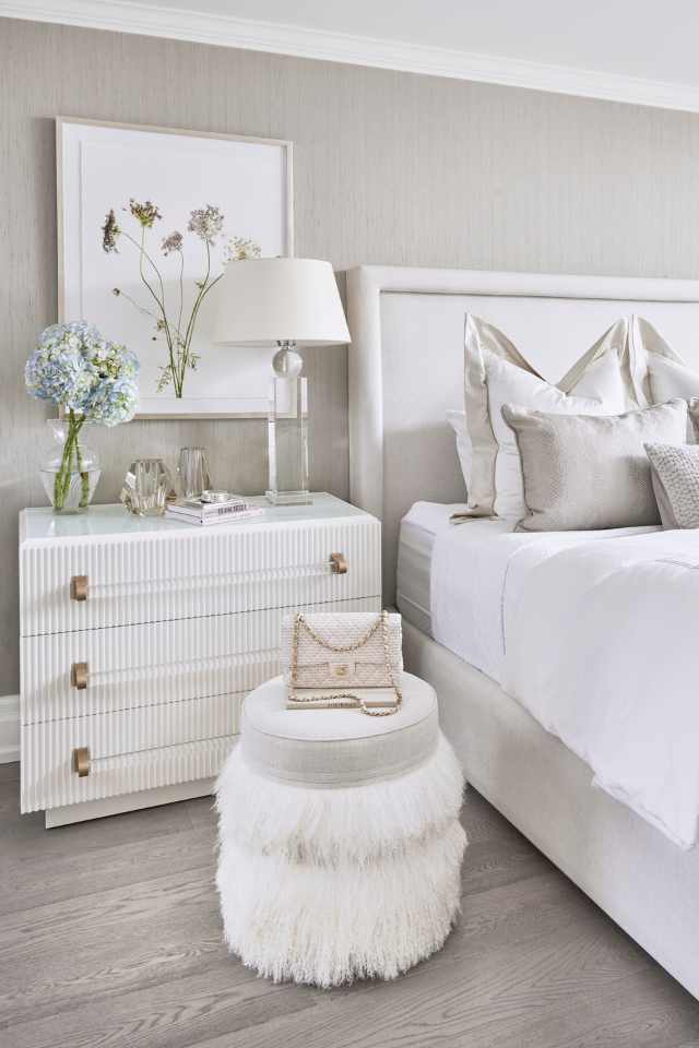 luxurious white bedroom with grey accents